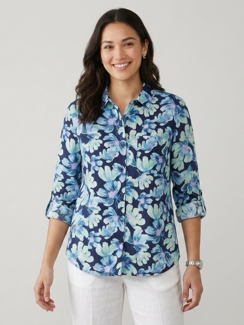 NWT 100% Linen Charter Club Luxury Floral Button Down Shirt 3X Coastal